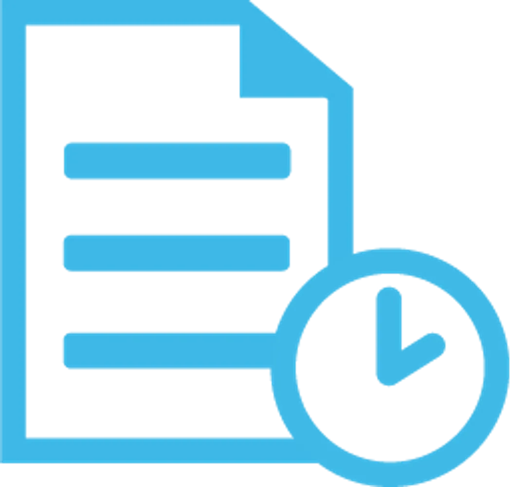 Ein blaues Icon mit einem Dokument, das durch horizontale Linien dargestellt wird, und einem Uhrensymbol, welches die Versicherungsdauer einer Berufsunfähigkeitsversicherung symbolisiert.