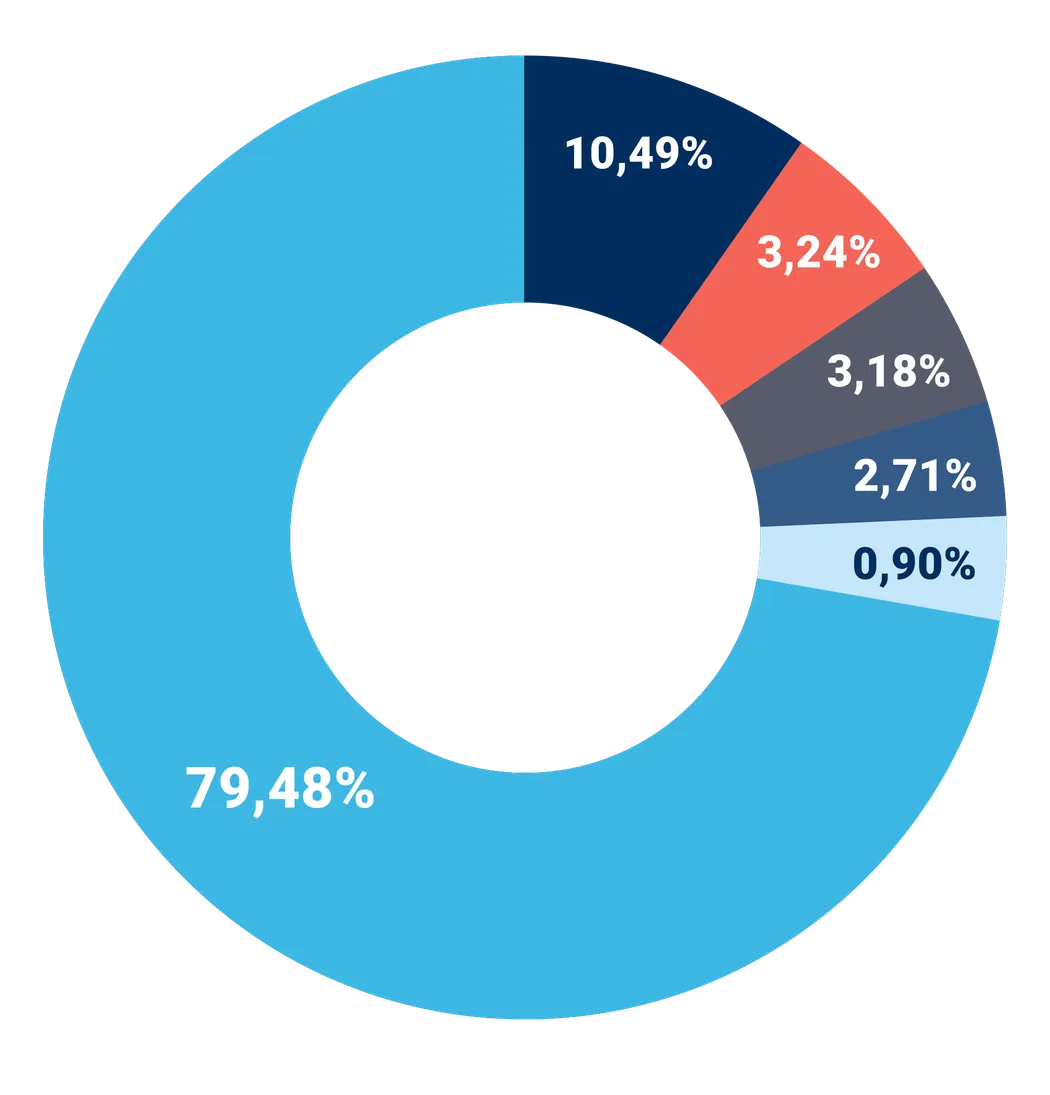 Berufsunfähigkeitsversicherung mit Vorerkrankungen: Annahme- und Ablehnungsstatistik Ein Donut-Diagramm zur Annahme- und Ablehnungsstatistik von Berufsunfähigkeitsversicherungen bei Vorerkrankungen, wobei 79,48% der Fälle angenommen und die restlichen Prozentsätze abgelehnt werden.