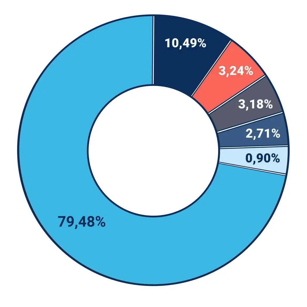 Berufsunfähigkeitsversicherung mit Vorerkrankungen: Annahme- und Ablehnungsstatistik Ein Donut-Diagramm zur Annahme- und Ablehnungsstatistik von Berufsunfähigkeitsversicherungen bei Vorerkrankungen, wobei 79,48% der Fälle angenommen und die restlichen Prozentsätze abgelehnt werden.