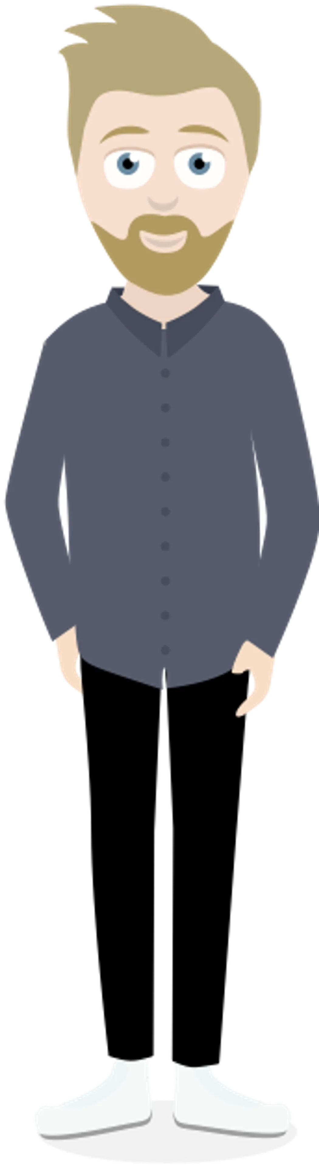 Eine stilisierte, männliche Figur mit blonden Haaren, die ein dunkelblaues Hemd, schwarze Hosen und weiße Schuhe trägt, symbolisch für Berufsunfähigkeitsversicherung, die sich an Studenten, Azubis und junge Erwachsene richtet.