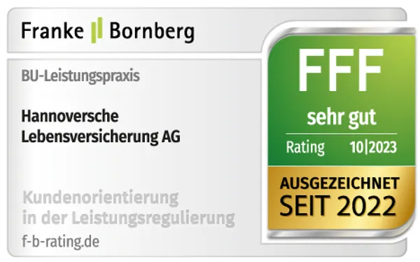 Testsignet von Franke und Bornberg zur Berufsunfähigkeitsversicherung Leistungspraxis und Kundenorientierung in der Leistungsregulierung: Auszeichnung sehr gut Ein Zertifikat von Franke und Bornberg für die Berufsunfähigkeitsversicherung der Hannoversche Lebensversicherung AG, das die exzellente Bornberg Leistungspraxis und Kundenorientierung der Berufsunfähigkeitsversicherung Franke seit 2022 hervorhebt.
