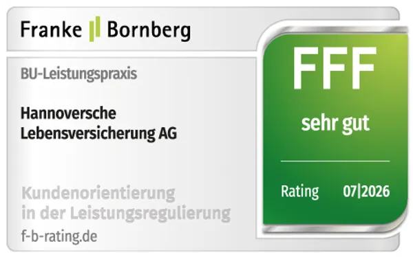 Ein Zertifikat von Franke und Bornberg für die Berufsunfähigkeitsversicherung der Hannoversche Lebensversicherung AG, das die exzellente Bornberg Leistungspraxis und Kundenorientierung der Berufsunfähigkeitsversicherung Franke hervorhebt.