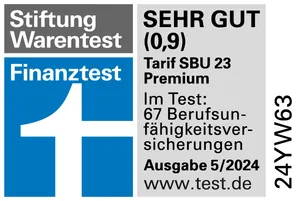 Ein Testergebnis der Stiftung Warentest für Berufsunfähigkeitsversicherungen. Der Tarif SBU 23 Premium erhielt die Note SEHR GUT mit 0,9.