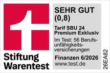 Testergebnis der Stiftung Warentest für die Hannoversche Berufsunfähigkeitsversicherungen. Der Tarif SBU 24 Premium Exklusiv erhielt die Note SEHR GUT mit 0,8