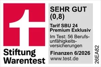 Testergebnis der Stiftung Warentest für die Hannoversche Berufsunfähigkeitsversicherungen. Der Tarif SBU 24 Premium Exklusiv erhielt die Note SEHR GUT mit 0,8