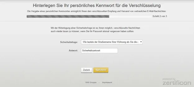 Eine Webseite zur Einrichtung eines persönlichen Kennwortes für die Verschlüsselung von E-Mails. Es gibt eine Sicherheitsfrage zur Wiederherstellung des Kennwortes, falls es vergessen wird.
