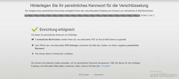 Eine Bildschirmmeldung zur Verschlüsselungseinrichtung. Eine Erfolgsmeldung bestätigt den Erhalt vertraulicher Nachrichten per verschlüsseltem PDF an die E-Mail-Adresse. Ein grünes Häkchen symbolisiert die erfolgreiche Einrichtung.