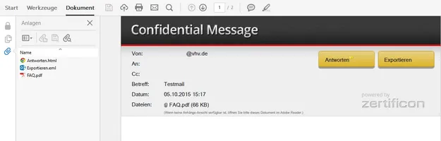 Eine vertrauliche Nachricht, adressiert an einen Empfänger mit der E-Mail-Adresse @vhv.de. Eine PDF-Datei namens FAQ.pdf ist als Anhang enthalten, und der Zugriff erfordert ein Kennwort.