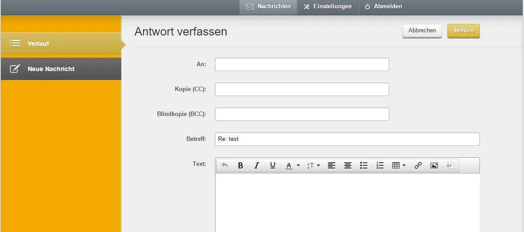 Verfassen einer Antwort Eine E-Mail-Oberfläche, auf der eine Antwort verfasst wird. Links sind Optionen wie "Verlauf" und "Neue Nachricht" sichtbar. Oben rechts gibt es Schaltflächen zum Senden und Abbrechen.