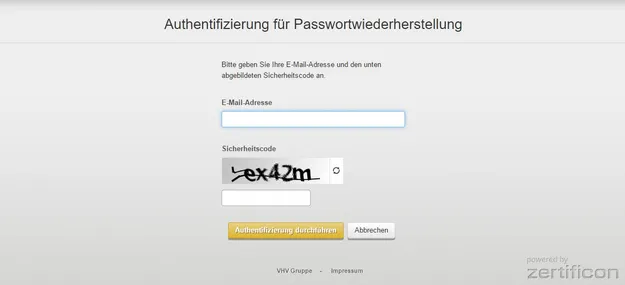 Eine Webseite zur Authentifizierung für die Passwortwiederherstellung. Nutzer geben ihre E-Mail-Adresse und einen Sicherheitscode ein, um die Authentifizierung durchzuführen oder abzubrechen.