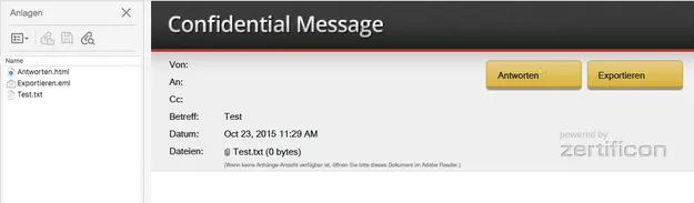 Eine vertrauliche Nachricht in Apple Mail mit den Optionen "Antworten" und "Exportieren". Links sind Anlagen wie "Exportieren.eml" und "Test.txt" sichtbar, die Teil der Nachricht sind.