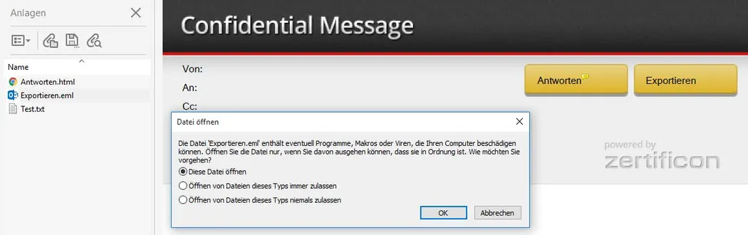 Exportieren mit Microsoft Outlook Eine Benutzeroberfläche von Microsoft Outlook mit einer Warnmeldung. Zwei gelbe Schaltflächen, "Antworten" und "Exportieren", sind sichtbar. Ein Dialogfenster informiert über potenzielle Risiken beim Öffnen der Datei "Exportieren.eml".