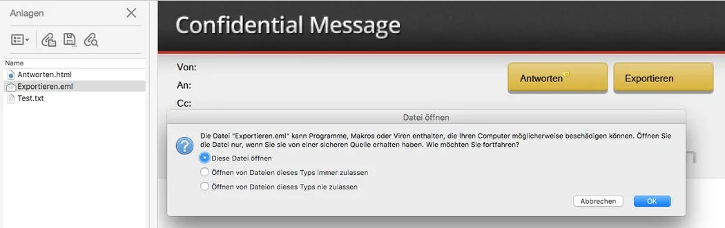 Exportieren von E-Mails mit Apple Mail Das Interface von Apple Mail mit einer geöffneten E-Mail. Im Vordergrund ist ein Dialogfenster zu sehen, das vor dem Exportieren einer Datei namens "Exportieren.eml" warnt. Links sind weitere Anlagen sichtbar.