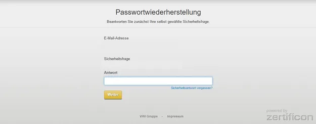 Eine Webseite zur Passwortwiederherstellung. Oben steht der Titel, darunter Felder für E-Mail-Adresse und Sicherheitsfrage. Ein Button mit "Weiter" ist sichtbar, um den Prozess fortzusetzen.