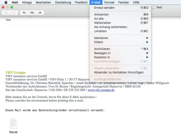 Die Benutzeroberfläche von Apple Mail, in der eine E-Mail der VHV Gruppe geöffnet ist. Ein Dropdown-Menü bietet Optionen wie E-Mails weiterleiten oder verschieben, um die Nachricht zu verwalten.
