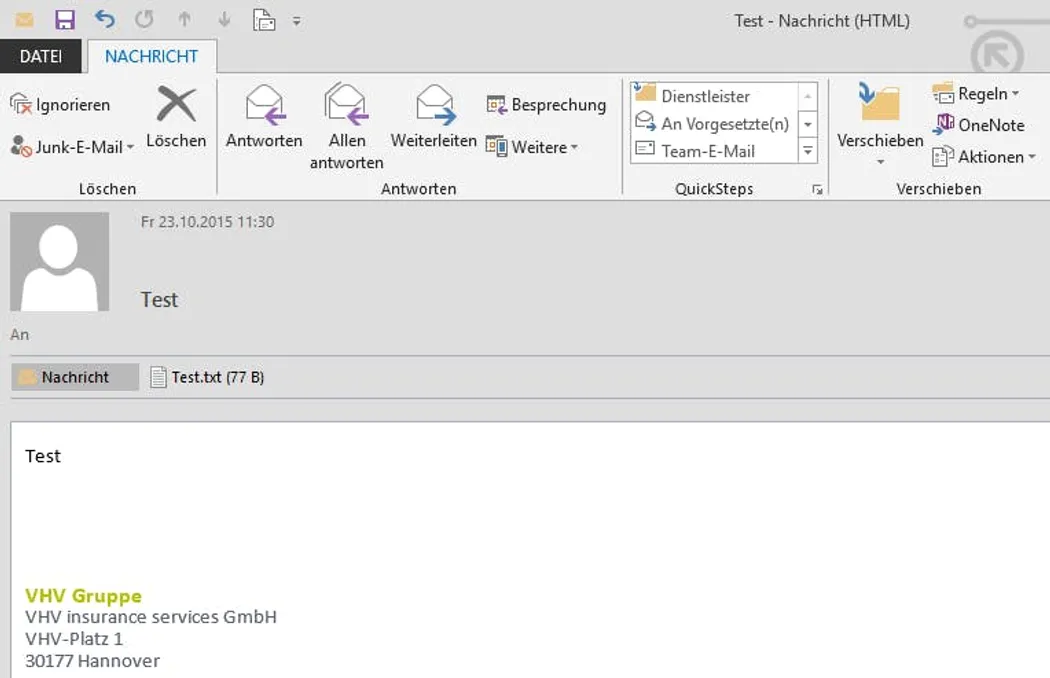 Verschieben von E-Mails in Microsoft Outlook Die Benutzeroberfläche von Microsoft Outlook mit einer geöffneten E-Mail. Oben sind Optionen wie "Verschieben" und "Weiterleiten" sichtbar, während der E-Mail-Inhalt unten angezeigt wird.