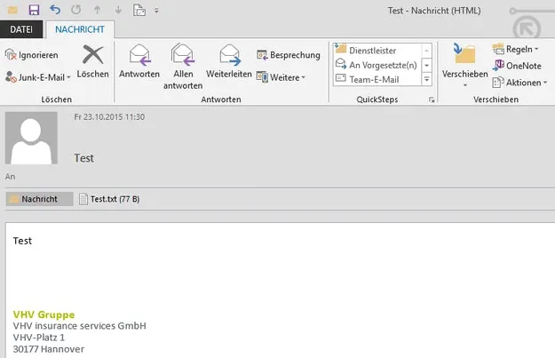 Die Benutzeroberfläche von Microsoft Outlook mit einer geöffneten E-Mail. Oben sind Optionen wie "Verschieben" und "Weiterleiten" sichtbar, während der E-Mail-Inhalt unten angezeigt wird.