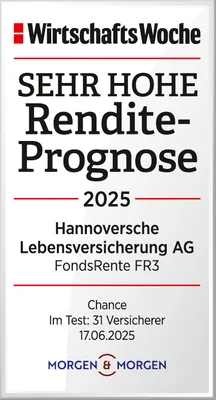 Ein Testsiegel der WirtschaftsWoche und MORGEN & MORGEN für die FondsRente FR3 der Hannoversche Lebensversicherung AG. Auszeichnung mit „SEHR HOHER Rendite-Prognose“ für das Jahr 2025.