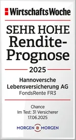Ein Testsiegel der WirtschaftsWoche und MORGEN &amp; MORGEN für die FondsRente FR3 der Hannoversche Lebensversicherung AG. Auszeichnung mit „SEHR HOHER Rendite-Prognose“ für das Jahr 2025.