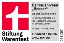 Das KFZ Signet der Stiftung Warentest, mit dem Stiftung-Warentest-Logo. Es bewertet das Beitragsniveau "Besser" als der Durchschnitt für die KFZ-Haftpflicht, Vollkasko, Klassik-Garant 2.0.