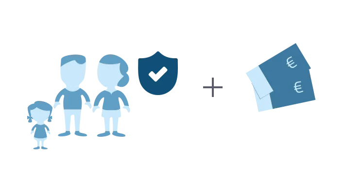 Lebensversicherung Grafik Aktualisierte Beschreibung: Eine stilisierte Grafik einer Familie neben einem Schild mit einem Häkchen, das Sicherheit symbolisiert, sowie Geldscheine, die Kapital repräsentieren, verkörpert die Risiko- und Kapitallebensversicherung der Hannoverschen.