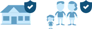 Links in der Grafik ist ein stilisiertes Haus zu sehen, während rechts eine Familie mit zwei Erwachsenen und einem Kind dargestellt ist. Neben jedem Element befindet sich ein blaues Schutzschild, das die Risiko-Lebensversicherung der Hannoverschen symbolisiert.