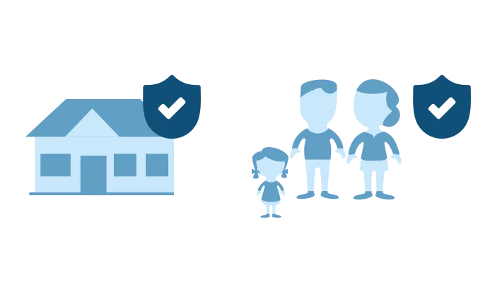 Risikolebensversicherung Hannoversche Grafik Grafik eines stilisierten Hauses und einer Familie, bestehend aus zwei Erwachsenen und einem Kind, jeweils mit einem Schutzschild-Symbol, das die Risikolebensversicherung der Hannoverschen symbolisiert. Die Symbole verdeutlichen den Schutz, den die Versicherung sowohl für das Eigenheim als auch für die Familie bietet.