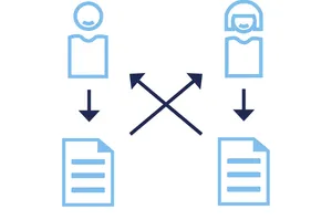Zwei stilisierte Personen sind in der Grafik dargestellt, jeweils mit einem Dokument verbunden. Ein Kreuz aus Pfeilen symbolisiert die Partner-Risikolebensversicherung der Hannoverschen, wobei das Kreuz die gegenseitige Absicherung zwischen den Partnern verdeutlicht.