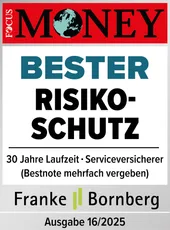 Ein Siegel von Focus Money, das die Auszeichnung "Siegel Bester Risikoschutz" für eine Risikolebensversicherung darstellt. Darunter sind Angaben zur Laufzeit und Bewertung des Versicherers.
