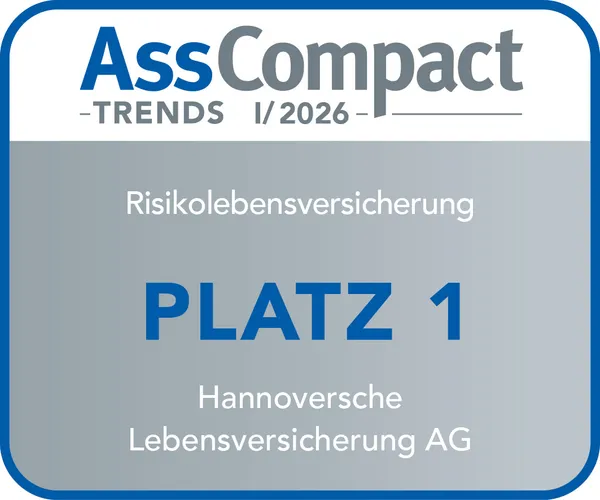 Ein Siegel von AssCompact, das die Auszeichnung ,,Platz 1" für eine Risikolebensversicherung darstellt.