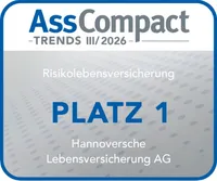 Ein Siegel von AssCompact, das die Auszeichnung ,,Platz 1" für eine Risikolebensversicherung darstellt.