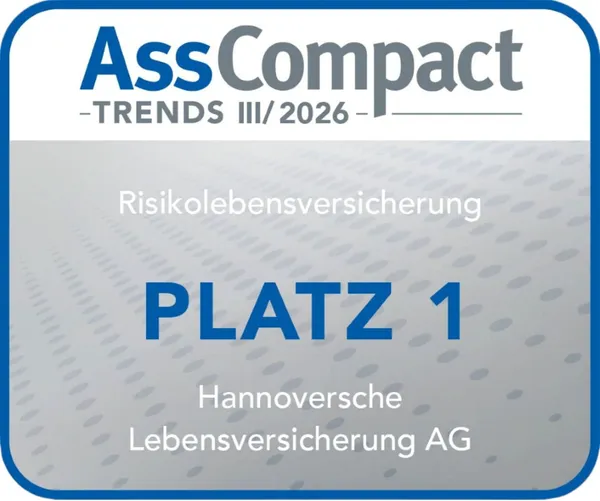 Ein Siegel von AssCompact, das die Auszeichnung ,,Platz 1" für eine Risikolebensversicherung darstellt.