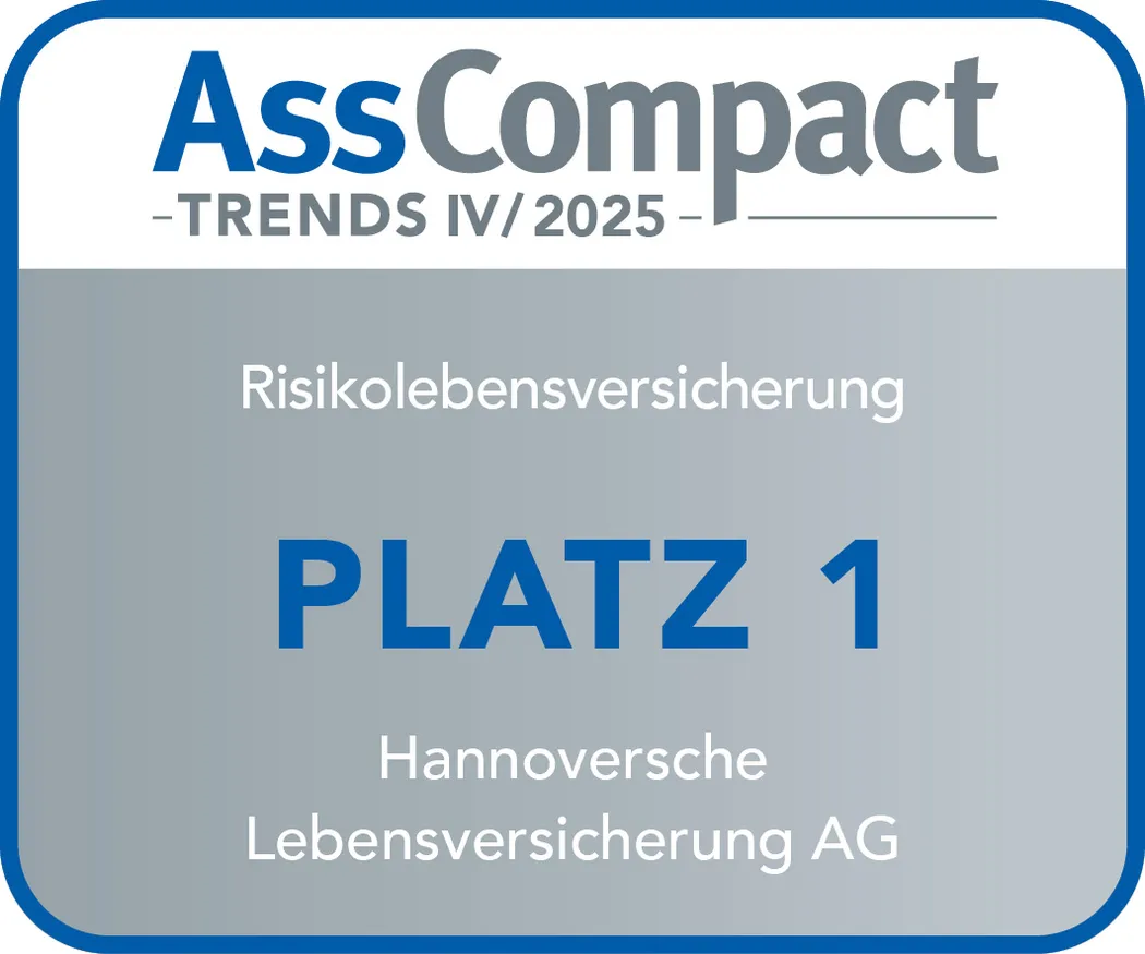 Ein Siegel von AssCompact, das die Auszeichnung ,,Platz 1" für eine Risikolebensversicherung darstellt.