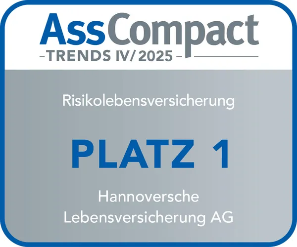 Ein Siegel von AssCompact, das die Auszeichnung ,,Platz 1" für eine Risikolebensversicherung darstellt.