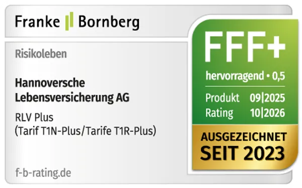 Signet des Risikolebensversicherungstarif Plus ausgezeichnet von Franke und Bornberg mit der Note hervorragend