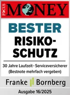 Ein Siegel von Focus Money, das die Auszeichnung "Siegel Bester Risikoschutz" für eine Risikolebensversicherung darstellt. Darunter sind Angaben zur Laufzeit und Bewertung des Versicherers.