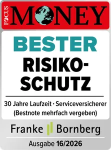 Ein Siegel von Focus Money, das die Auszeichnung "Siegel Bester Risikoschutz" für eine Risikolebensversicherung darstellt. Darunter sind Angaben zur Laufzeit und Bewertung des Versicherers.