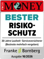 Ein Siegel von Focus Money, das die Auszeichnung "Siegel Bester Risikoschutz" für eine Risikolebensversicherung darstellt. Darunter sind Angaben zur Laufzeit und Bewertung des Versicherers.