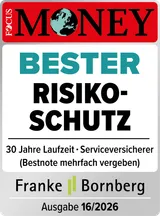 Ein Siegel von Focus Money, das die Auszeichnung "Siegel Bester Risikoschutz" für eine Risikolebensversicherung darstellt. Darunter sind Angaben zur Laufzeit und Bewertung des Versicherers.
