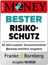 Ein Siegel von Focus Money, das die Auszeichnung "Siegel Bester Risikoschutz" für eine Risikolebensversicherung darstellt. Darunter sind Angaben zur Laufzeit und Bewertung des Versicherers.