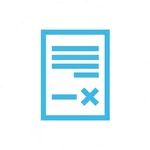 Ein blaues Icon eines Dokuments mit mehreren horizontalen Linien, das auf einem weißen Kreis platziert ist. Am unteren Rand befindet sich ein großes rotes Kreuz, das ein abgelehntes oder ungültiges Dokument symbolisiert.