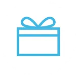 Ein stilisiertes Icon eines Geschenksymbols in Blau auf weißem Hintergrund, bestehend aus einer rechteckigen Box mit einer dekorativen Schleife oben. Die minimalistische Gestaltung vermittelt den Eindruck eines klassischen Geschenks durch ihre klare Linienführung und harmonische Farbwahl.