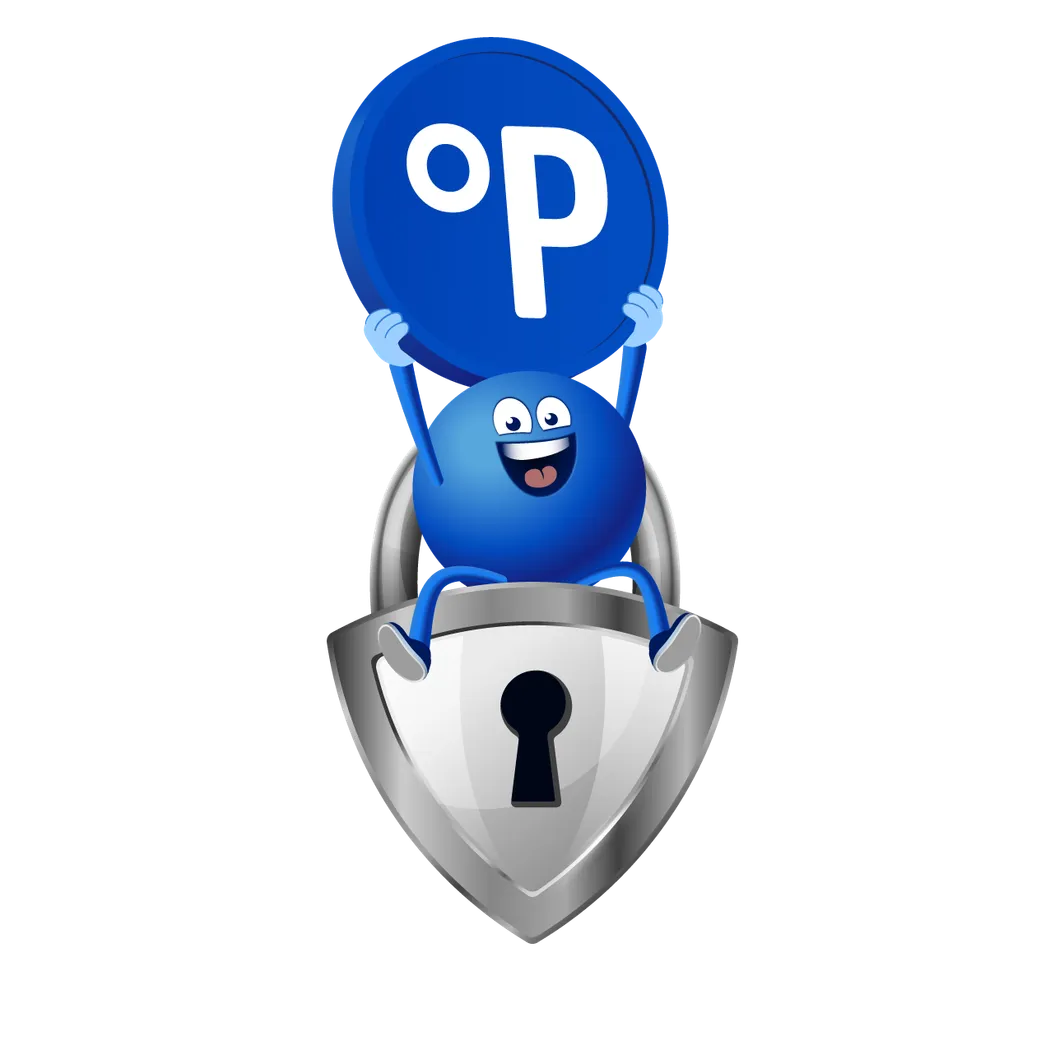 Die blaue, kugelförmige Figur Pointee von Payback sitzt auf einem großen silbernen Schloss und hält einen blauen Punkte-Chip mit dem weißen "P"-Symbol hoch. Der Schlosskörper, der ein zentrales Schlüsselloch besitzt, symbolisiert Sicherheit und den Schluss eines sicheren Systems.