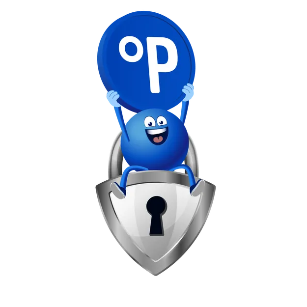 Die blaue, kugelförmige Figur Pointee von Payback sitzt auf einem großen silbernen Schloss und hält einen blauen Punkte-Chip mit dem weißen "P"-Symbol hoch. Der Schlosskörper, der ein zentrales Schlüsselloch besitzt, symbolisiert Sicherheit und den Schluss eines sicheren Systems.