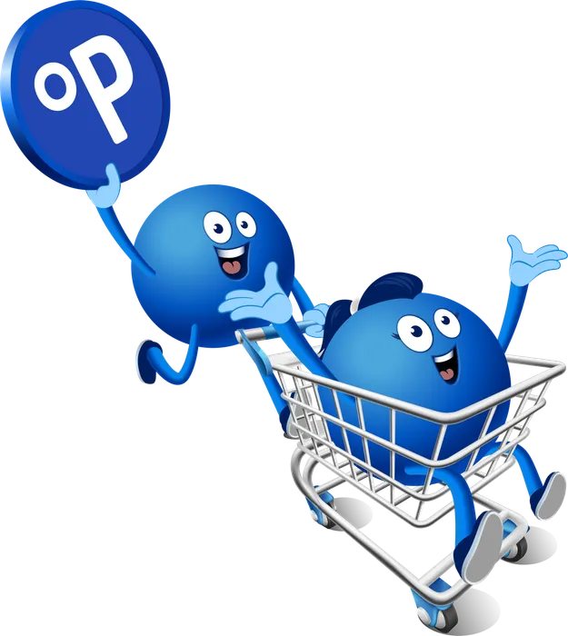 Zwei blaue, kugelförmige Figuren namens Payback Pointee; eine sitzt fröhlich im Einkaufswagen, während die andere den Wagen schiebt und dabei ein großes, rundes Payback-Symbol hochhält.