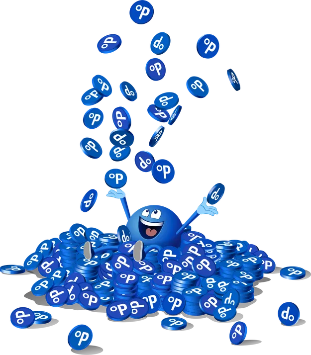 Den Payback Pointee, eine blaue, fröhliche Figur, die in einem Haufen aus Punkte-Chips sitzt und zahlreiche dieser blauen Chips mit dem "op"-Logo in die Luft wirft. Der Pointee wirkt begeistert und umgeben von einer Vielzahl der Payback Punkte-Chips.