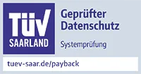 Ein TÜV Saarland Siegel mit der Aufschrift "Geprüfter Datenschutz" und "Systemprüfung" in blauer Schrift auf einem hellgrauen Hintergrund. Darunter befindet sich die Webadresse tuev-saar.de/payback.