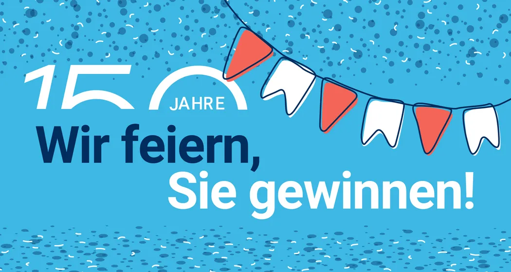 Gewinnspiel 150 Jahre Blaues Banner mit weißen und roten Wimpeln. Text: "150 JAHRE – Wir feiern, Sie gewinnen!"
