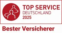 Ein rotes Logo mit der Aufschrift "Top Service Deutschland 2025" und darunter "Bester Versicherer". Zwei stilisierte Personen sind links im Kreis dargestellt.