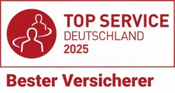 Ein rotes Logo mit der Aufschrift "Top Service Deutschland 2025" und darunter "Bester Versicherer". Zwei stilisierte Personen sind links im Kreis dargestellt.